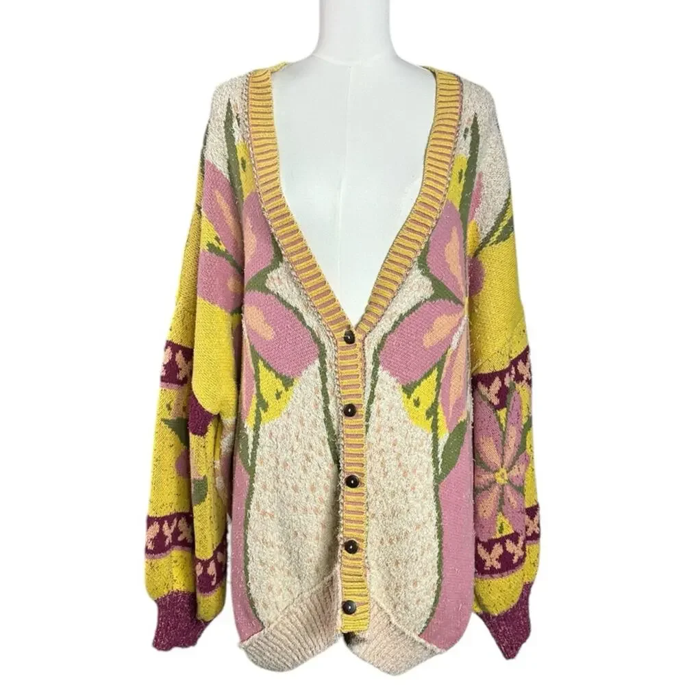 Free People Oversized Bohemian Bali Tropical Garden Cardi Cardigan Sweater Large